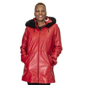 Red 31" Lamb Leather Parka with Fox Fur
